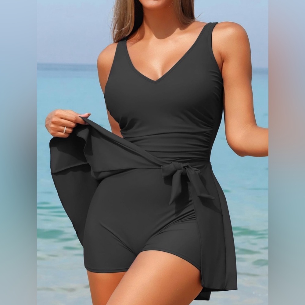 Smismivo Women One Piece Swim Tummy Control Modest Full Coverage Skirt-SIZE M
